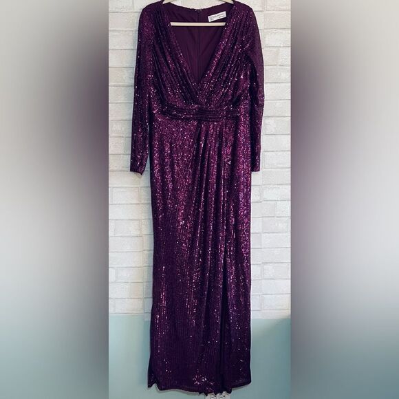 💜 Mac Duggal 💜 IEENA Sequin Long Sleeve Faux Wrap Gown Coctail dress purple 14 - Picture 4 of 14